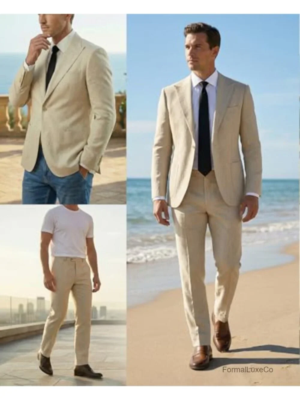 Men's Linen 2-Piece Suit Slim Fit Beach Wedding Tuxedo Groomsmen Blazer & Dress